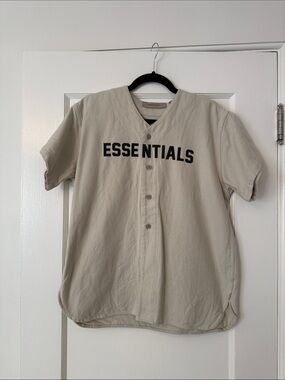 Essentials Beige Short-Sleeve Button-Down with Black Logo